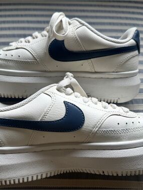 Nike Kids White Sneakers with Navy Swoosh
